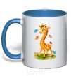 Mug with a colored handle A giraffe with butterflies royal-blue фото