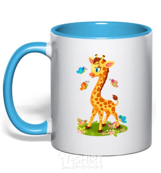 Mug with a colored handle A giraffe with butterflies sky-blue фото