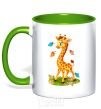 Mug with a colored handle A giraffe with butterflies kelly-green фото