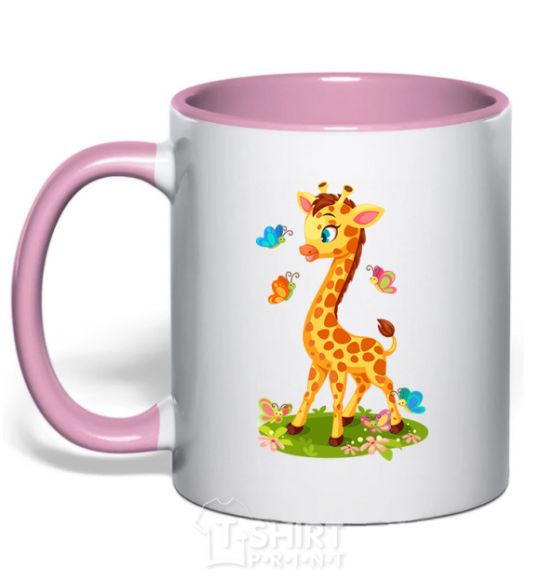 Mug with a colored handle A giraffe with butterflies light-pink фото