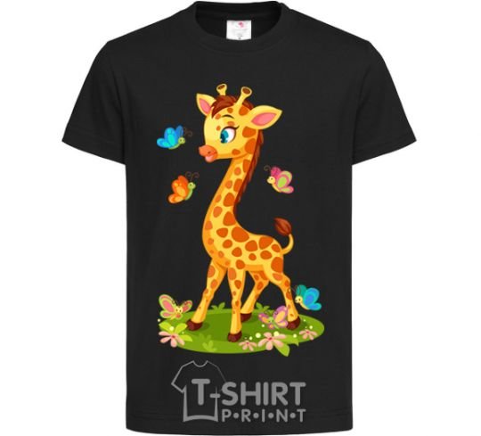 Kids T-shirt A giraffe with butterflies black фото