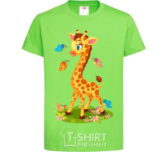 Kids T-shirt A giraffe with butterflies orchid-green фото