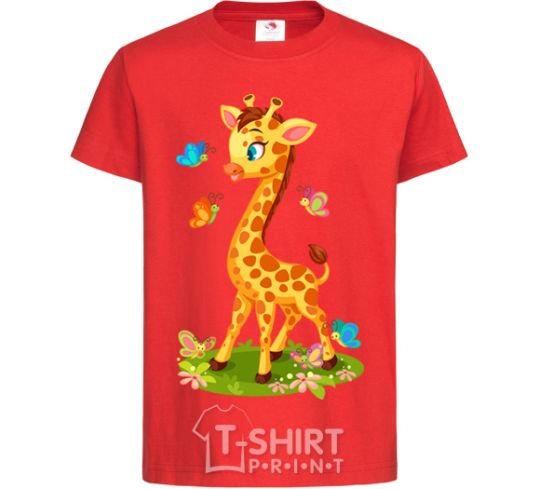 Kids T-shirt A giraffe with butterflies red фото