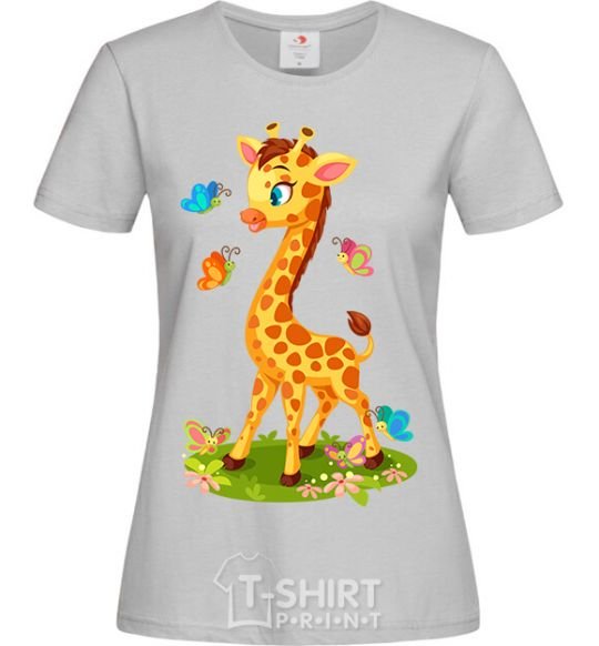 Women's T-shirt A giraffe with butterflies grey фото