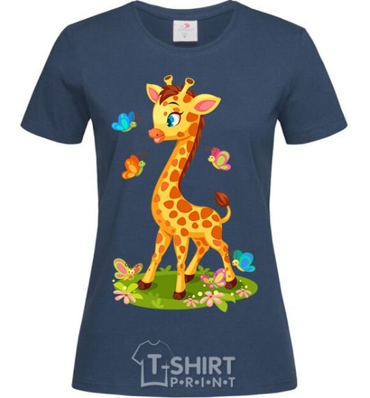 Women's T-shirt A giraffe with butterflies navy-blue фото
