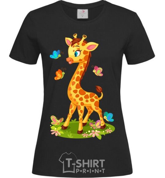 Women's T-shirt A giraffe with butterflies black фото