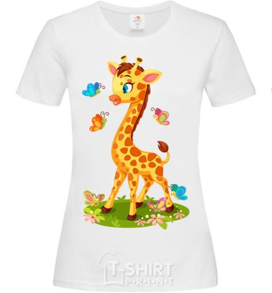 Women's T-shirt A giraffe with butterflies White фото