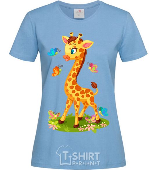 Women's T-shirt A giraffe with butterflies sky-blue фото