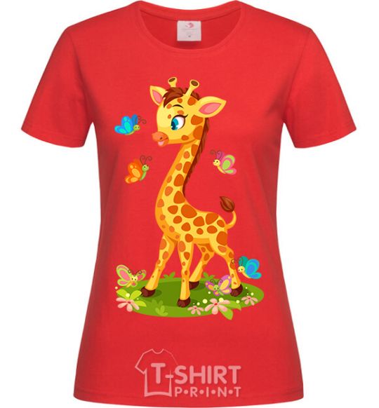 Women's T-shirt A giraffe with butterflies red фото