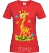 Women's T-shirt A giraffe with butterflies red фото