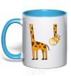 Mug with a colored handle The giraffe hovered sky-blue фото