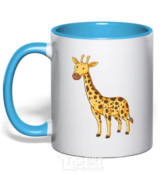 Mug with a colored handle Standing giraffe sky-blue фото