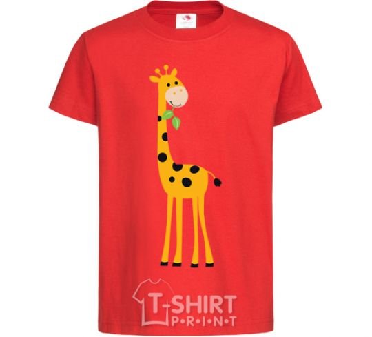 Kids T-shirt A giraffe eats a twig red фото