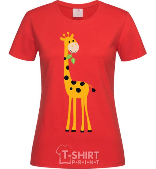 Women's T-shirt A giraffe eats a twig red фото