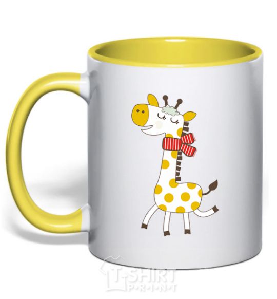 Mug with a colored handle A giraffe in a red scarf yellow фото