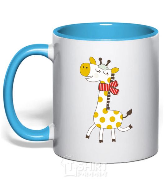 Mug with a colored handle A giraffe in a red scarf sky-blue фото