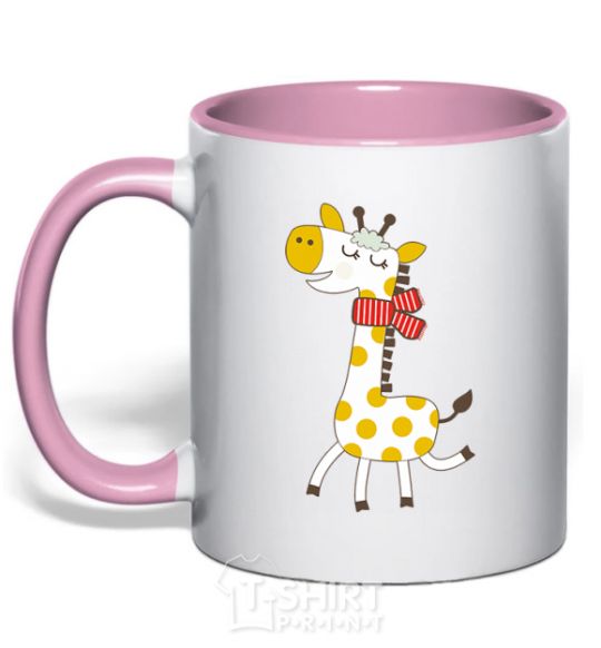 Mug with a colored handle A giraffe in a red scarf light-pink фото