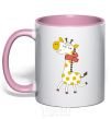 Mug with a colored handle A giraffe in a red scarf light-pink фото