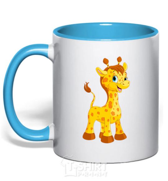 Mug with a colored handle Baby giraffe sky-blue фото