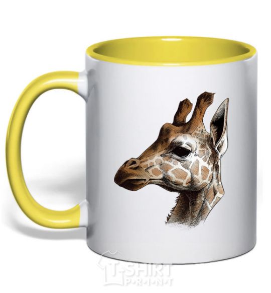 Mug with a colored handle Giraffe in pencil yellow фото