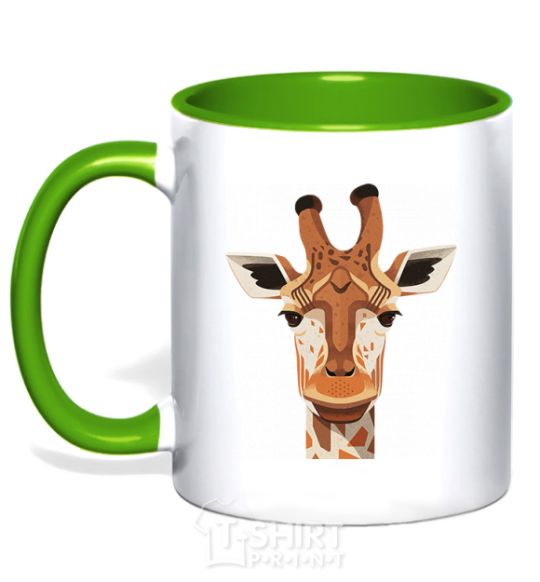 Mug with a colored handle Giraffe art kelly-green фото