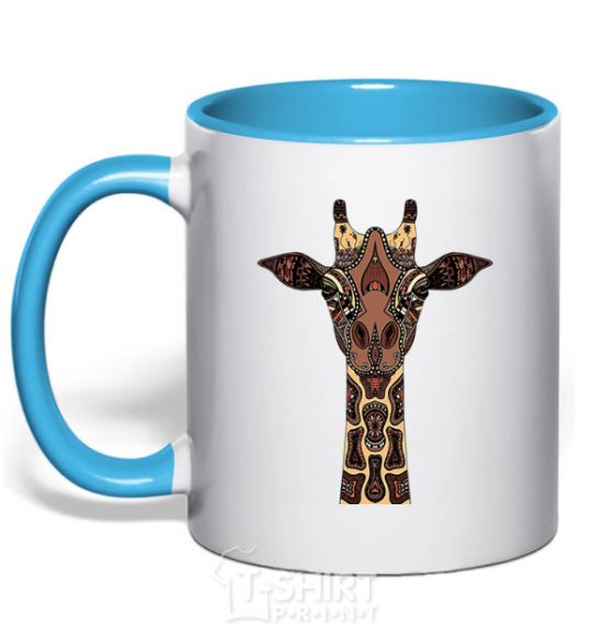 Mug with a colored handle Giraffe in drawings sky-blue фото
