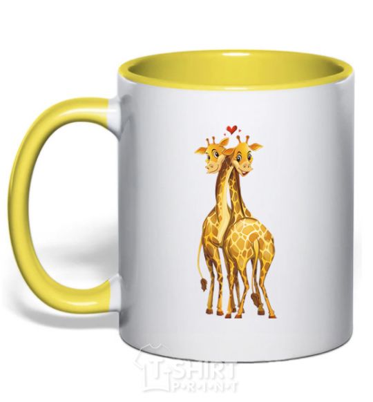 Mug with a colored handle Giraffes hugging yellow фото