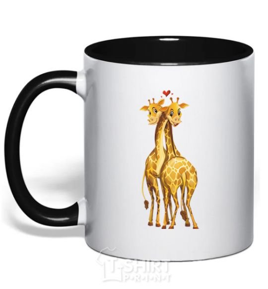 Mug with a colored handle Giraffes hugging black фото