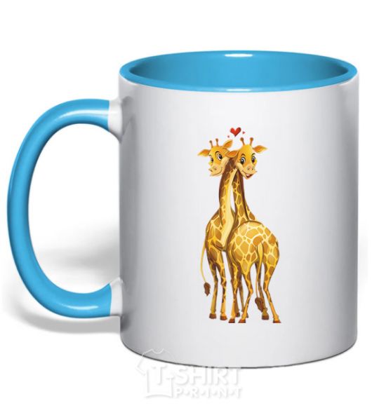 Mug with a colored handle Giraffes hugging sky-blue фото