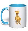 Mug with a colored handle Giraffes hugging sky-blue фото