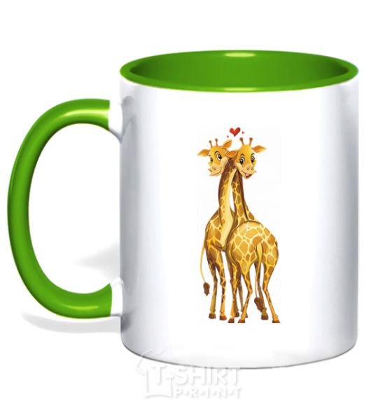 Mug with a colored handle Giraffes hugging kelly-green фото