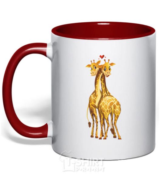 Mug with a colored handle Giraffes hugging red фото