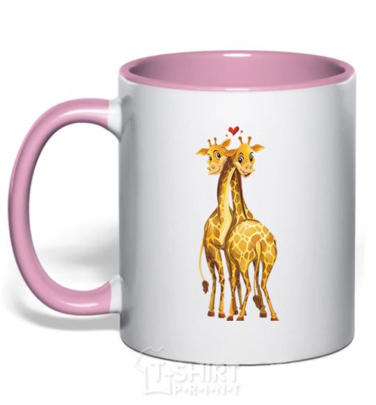 Mug with a colored handle Giraffes hugging light-pink фото