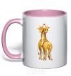 Mug with a colored handle Giraffes hugging light-pink фото