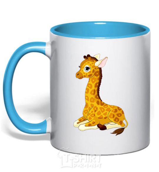 Mug with a colored handle A giraffe lying down sky-blue фото