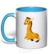 Mug with a colored handle A giraffe lying down sky-blue фото