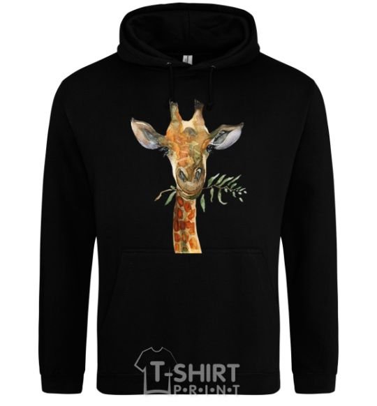 Men`s hoodie A giraffe with a sprig of paint black фото