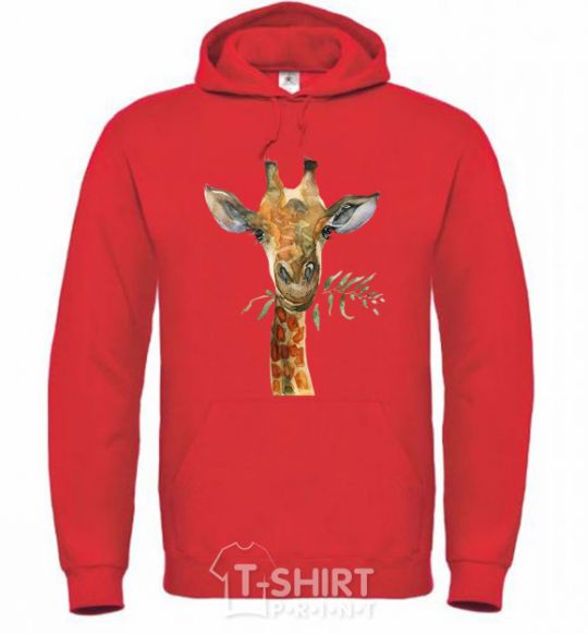 Men`s hoodie A giraffe with a sprig of paint bright-red фото