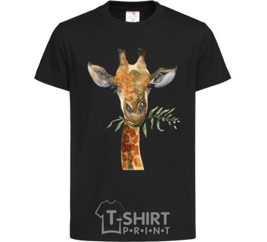 Kids T-shirt A giraffe with a sprig of paint black фото