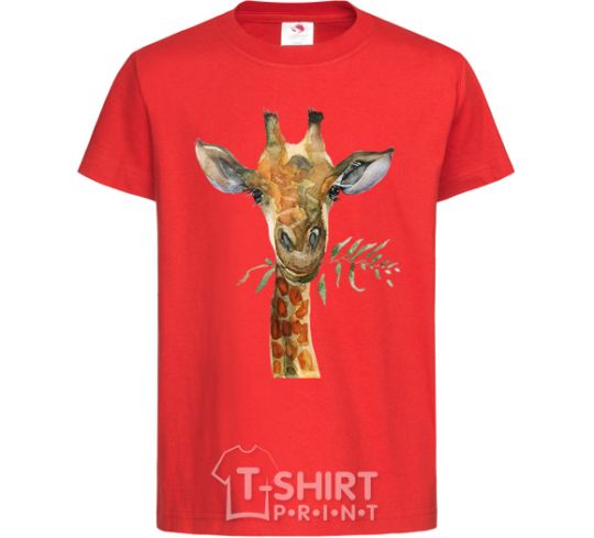 Kids T-shirt A giraffe with a sprig of paint red фото