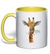 Mug with a colored handle A giraffe with a sprig of paint yellow фото