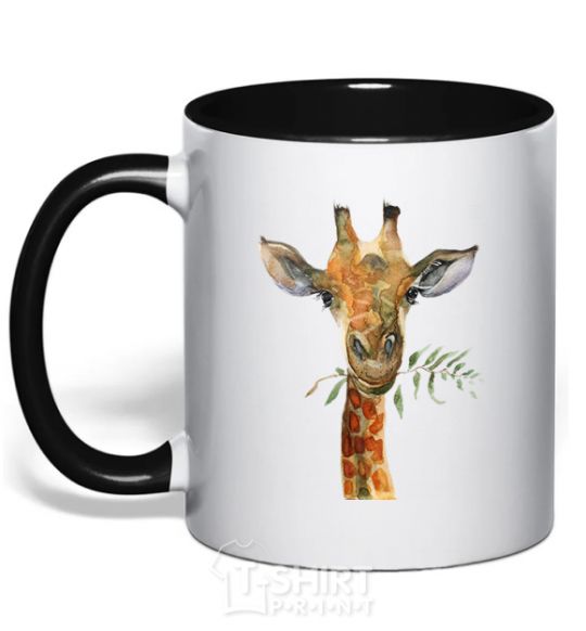 Mug with a colored handle A giraffe with a sprig of paint black фото