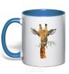 Mug with a colored handle A giraffe with a sprig of paint royal-blue фото