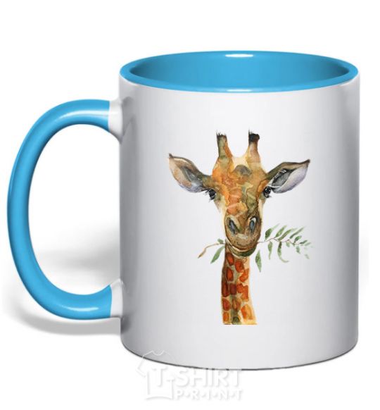 Mug with a colored handle A giraffe with a sprig of paint sky-blue фото