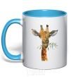 Mug with a colored handle A giraffe with a sprig of paint sky-blue фото