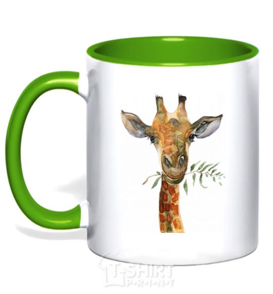 Mug with a colored handle A giraffe with a sprig of paint kelly-green фото