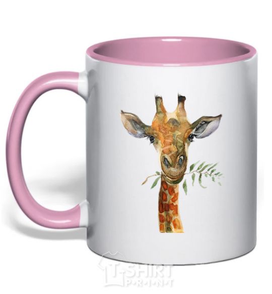 Mug with a colored handle A giraffe with a sprig of paint light-pink фото