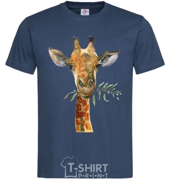 Men's T-Shirt A giraffe with a sprig of paint navy-blue фото