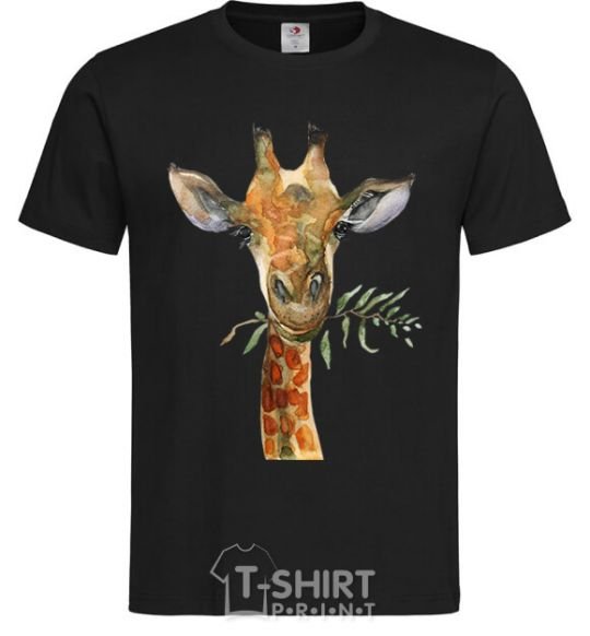 Men's T-Shirt A giraffe with a sprig of paint black фото