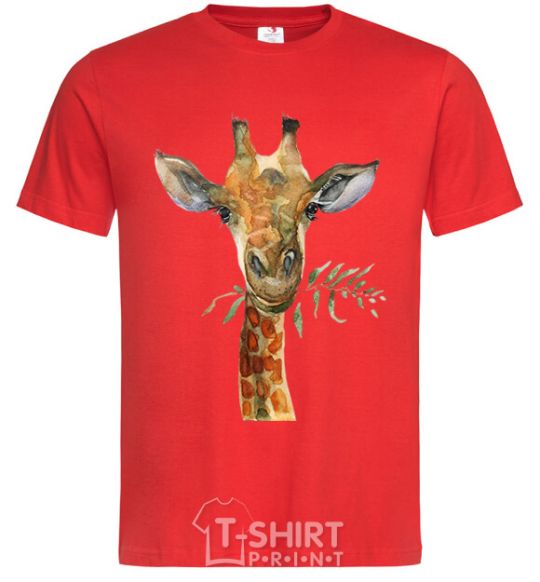 Men's T-Shirt A giraffe with a sprig of paint red фото